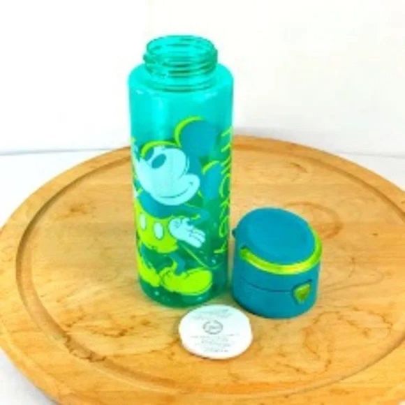 Disney Mickey Mouse Water Bottle Clear Green Yellow Push Button Opening 24 fl oz - Picture 2 of 7
